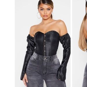 Pretty Little Thing Black Satin Long Sleeve Bardot Corset Top, US 6 - 8 M, NWT